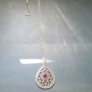 Boho Red Stone Long Pendant Necklace w/ Earrings